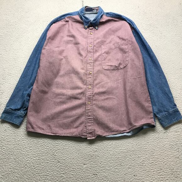 Vintage Bon Homme Button Down Denim Shirt Two Tone Mens Large Long Sleeve Pink - Picture 1 of 9